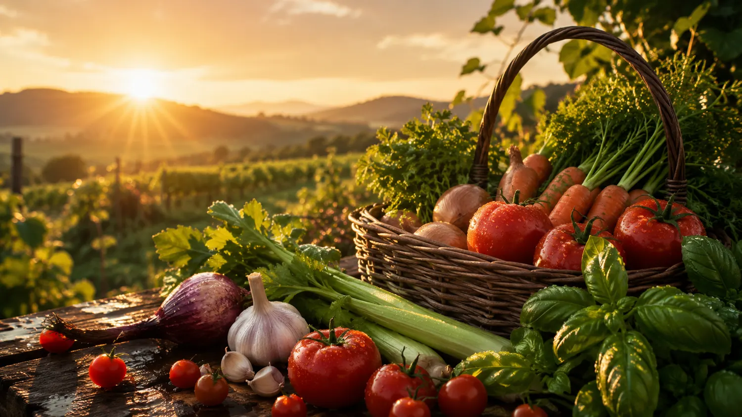 Fresh farm vegetables at golden hour